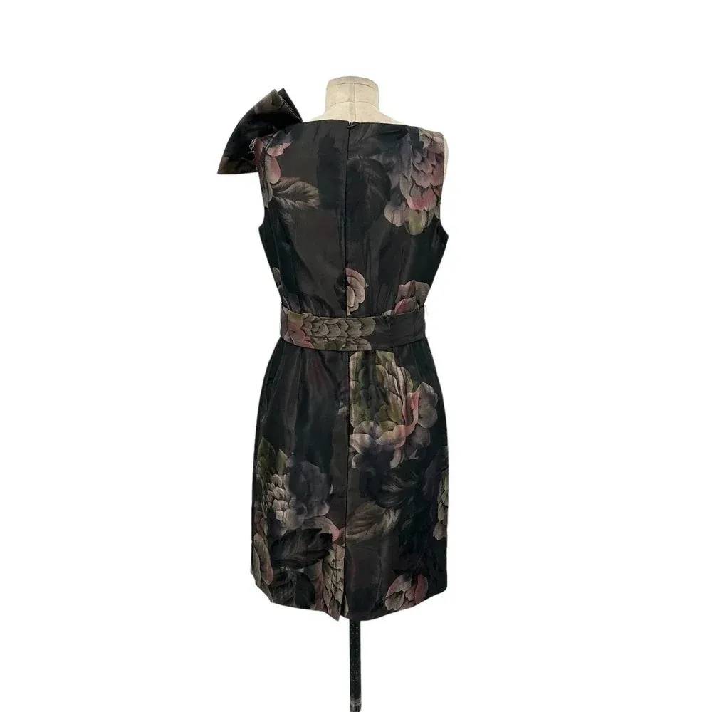 Rickie Freeman for Teri Jon Bow‎ Shoulder Brown Floral Belted Dress Size 6 - Image 5