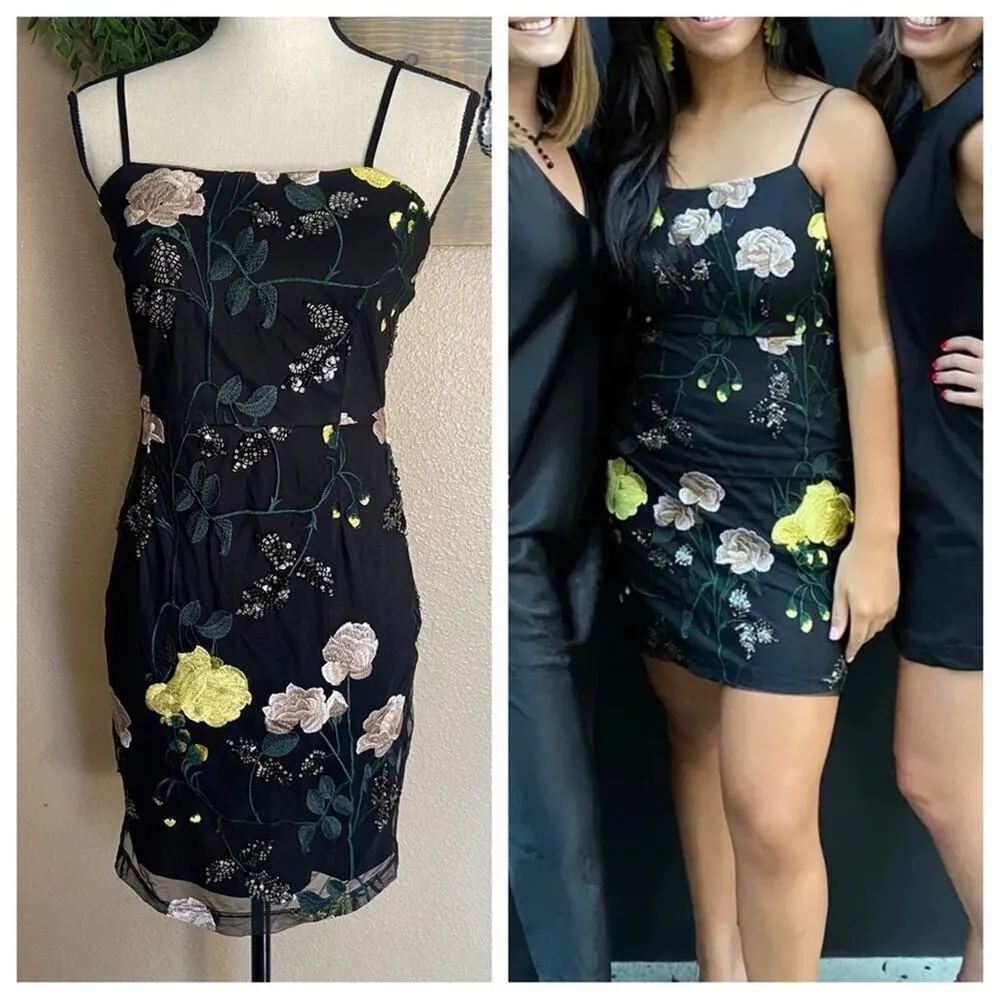 NWOT Lulus Rue Black Floral Embroidered Sequin Bodycon Mini Dress - Image 9