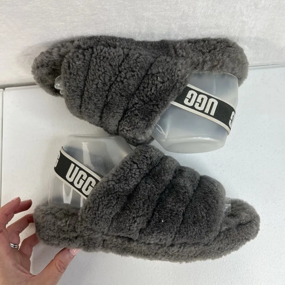 UGG  Sz 7 Oh Yeah Fluffy Double Strap Flat Slippers Slides Sandals in Grey - Image 3