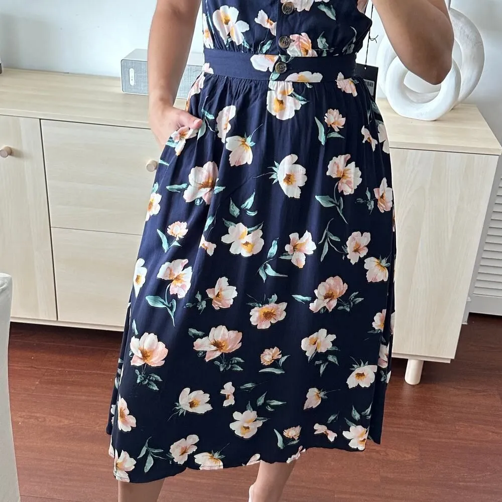 NEW Reformation Dress Floral Lanai Navy Blue Floral Cutout Back Midi Dress XS - Image 6