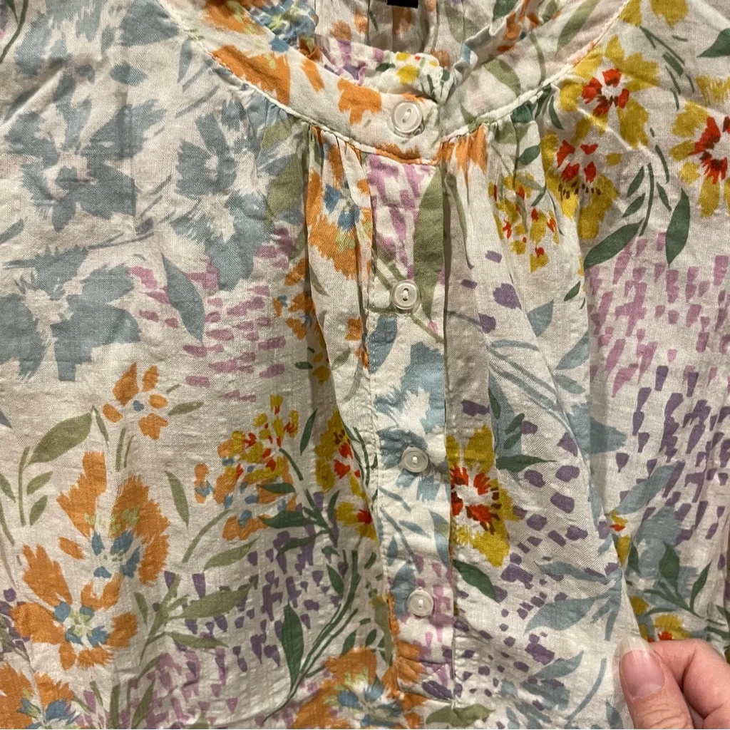 Cute breezy cotton blend floral puff sleeve top ruffle button collar dreamy White Size XS - Image 7