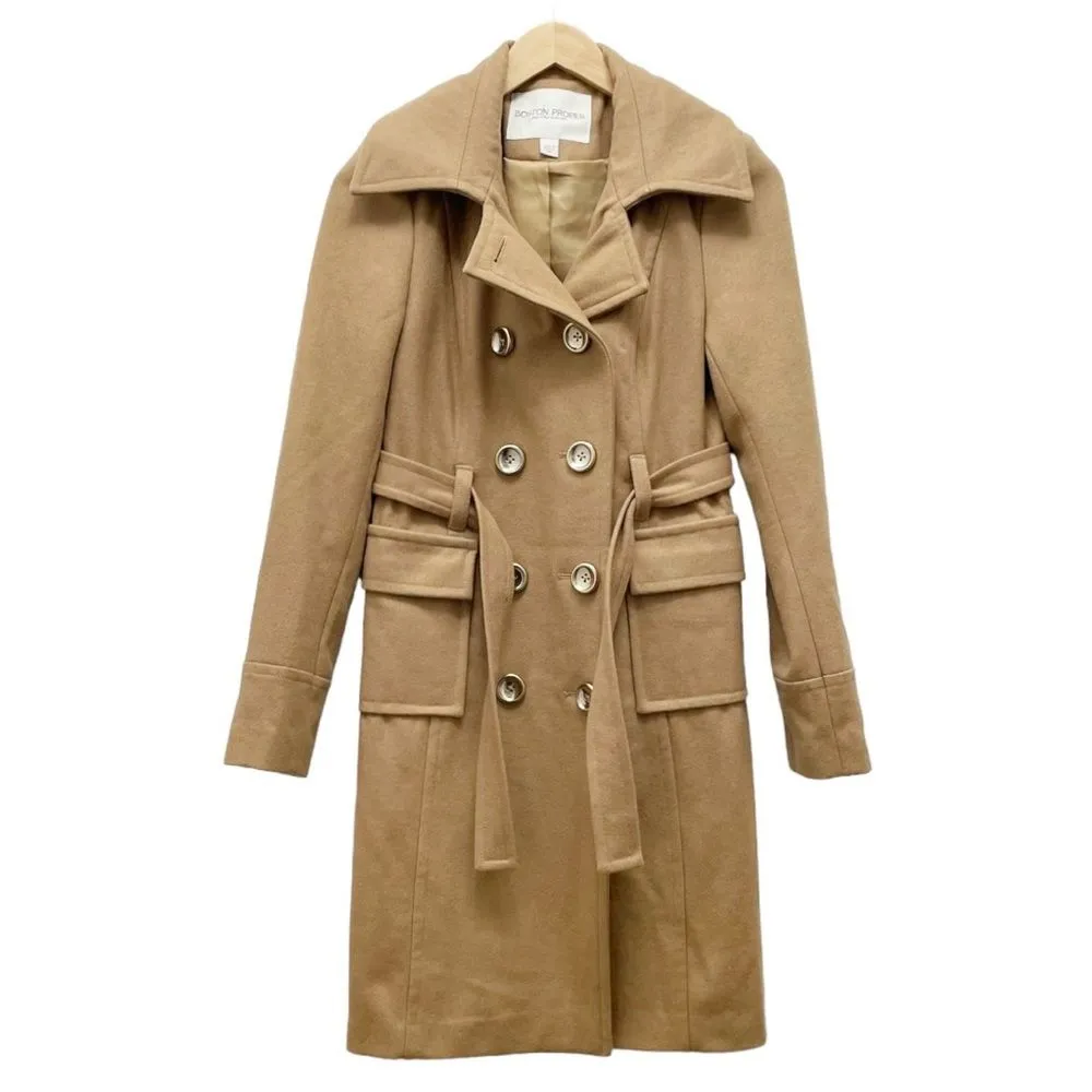 Boston Proper Wool Double Breasted Mid Length Belted Overcoat Camel Tan Size 4 - Image 3
