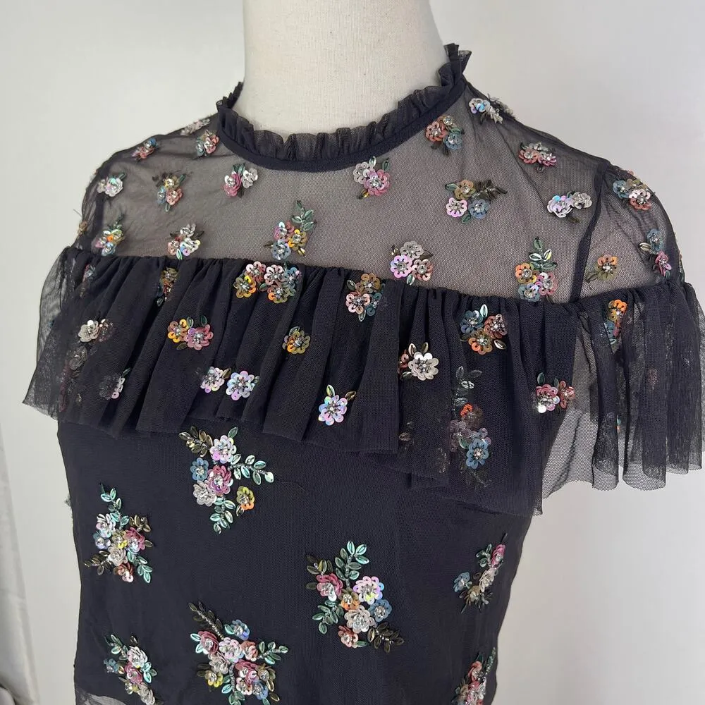 Needle & Thread Embellished Tulle Mesh Crop Top Black Flutter Sleeve - Image 4