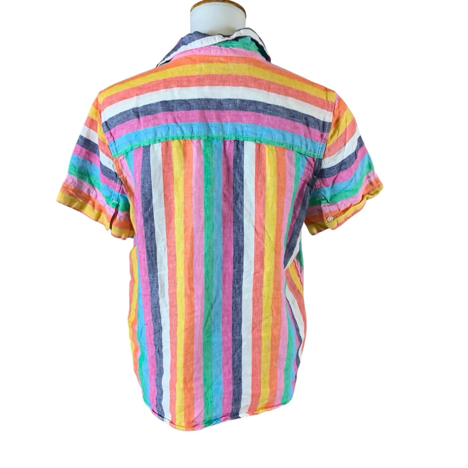 J Crew S Rainbow Stripe Linen Top Short Sleeve Summer Vacation Bright Preppy - Image 2
