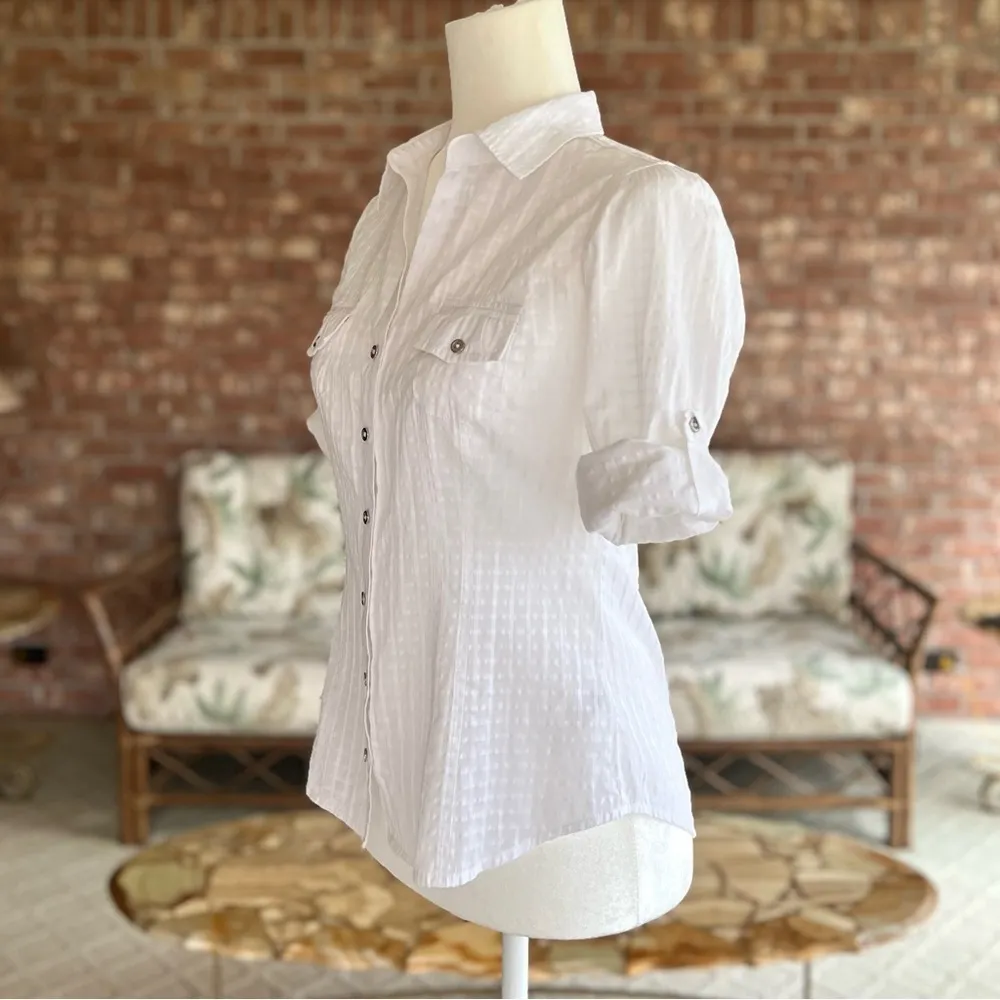 WHBM Top Roll-tab Sleeve White Textured Luxe 0 Button Up Collared Blouse Dressy - Image 6