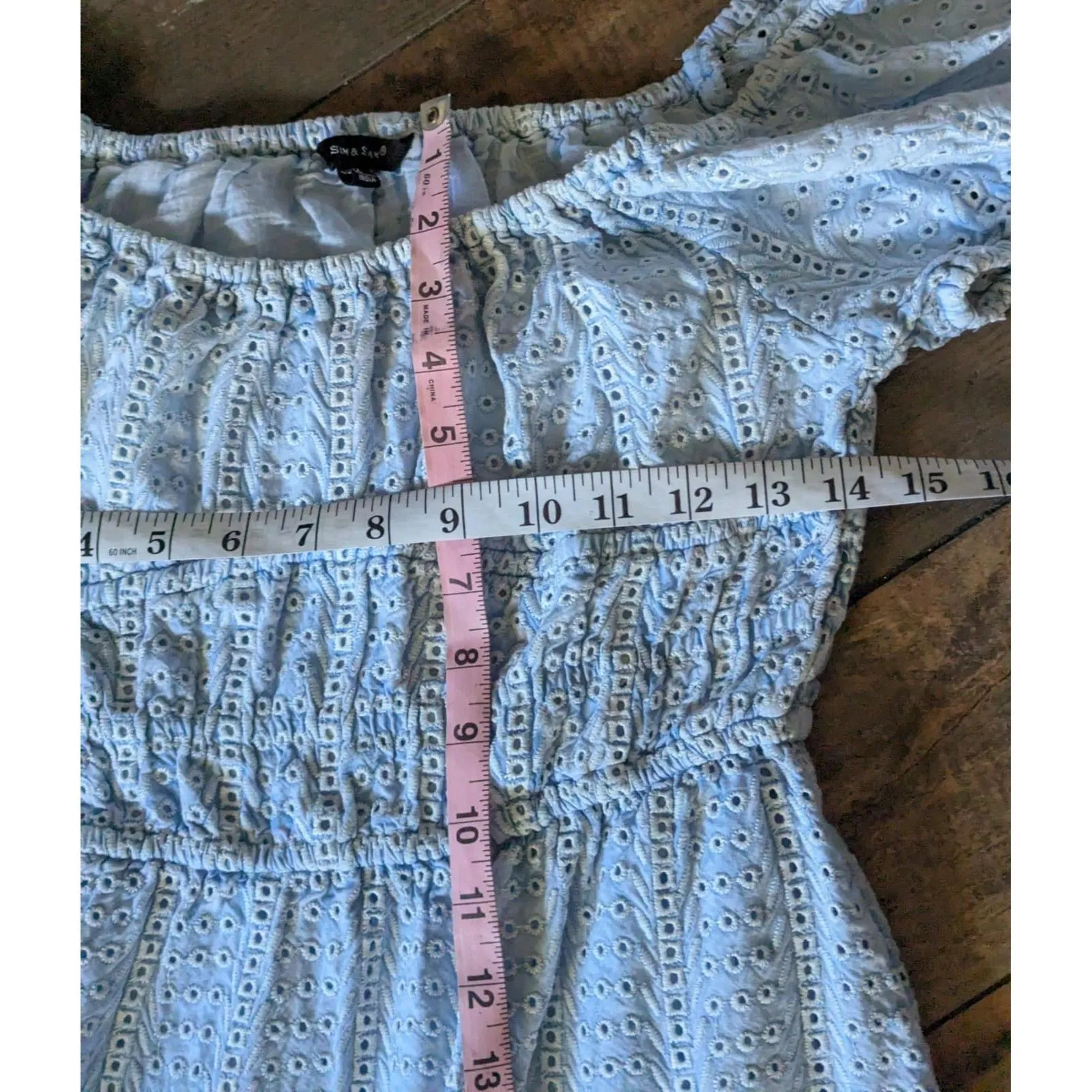 SIM & SAM Light Blue Eyelet Mini Dress Boho Cottagecore  M - Image 7