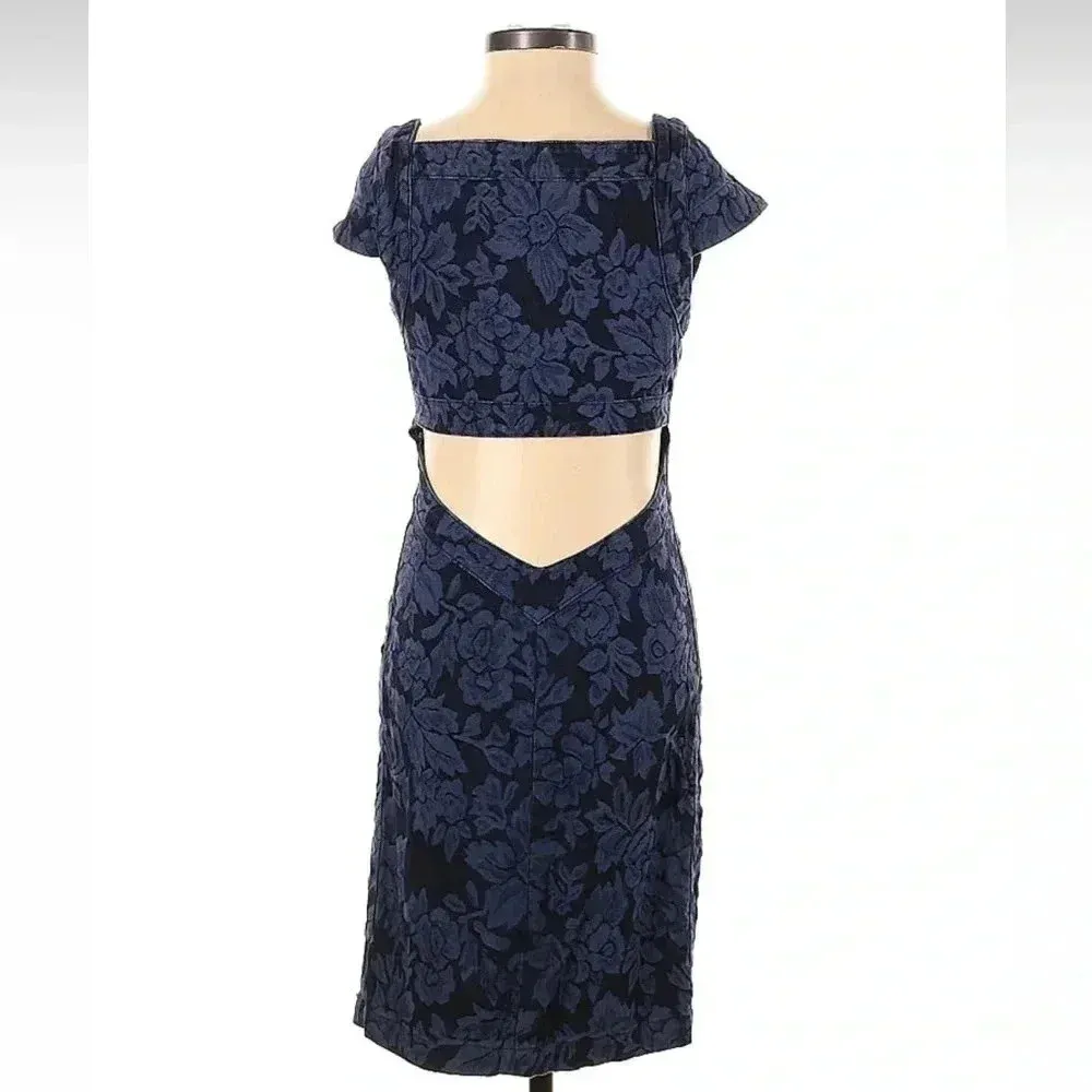 Vintage Guess 1981 Black & Blue Floral Denim Bodycon Cut Out Back Dress Size 4 - Image 3