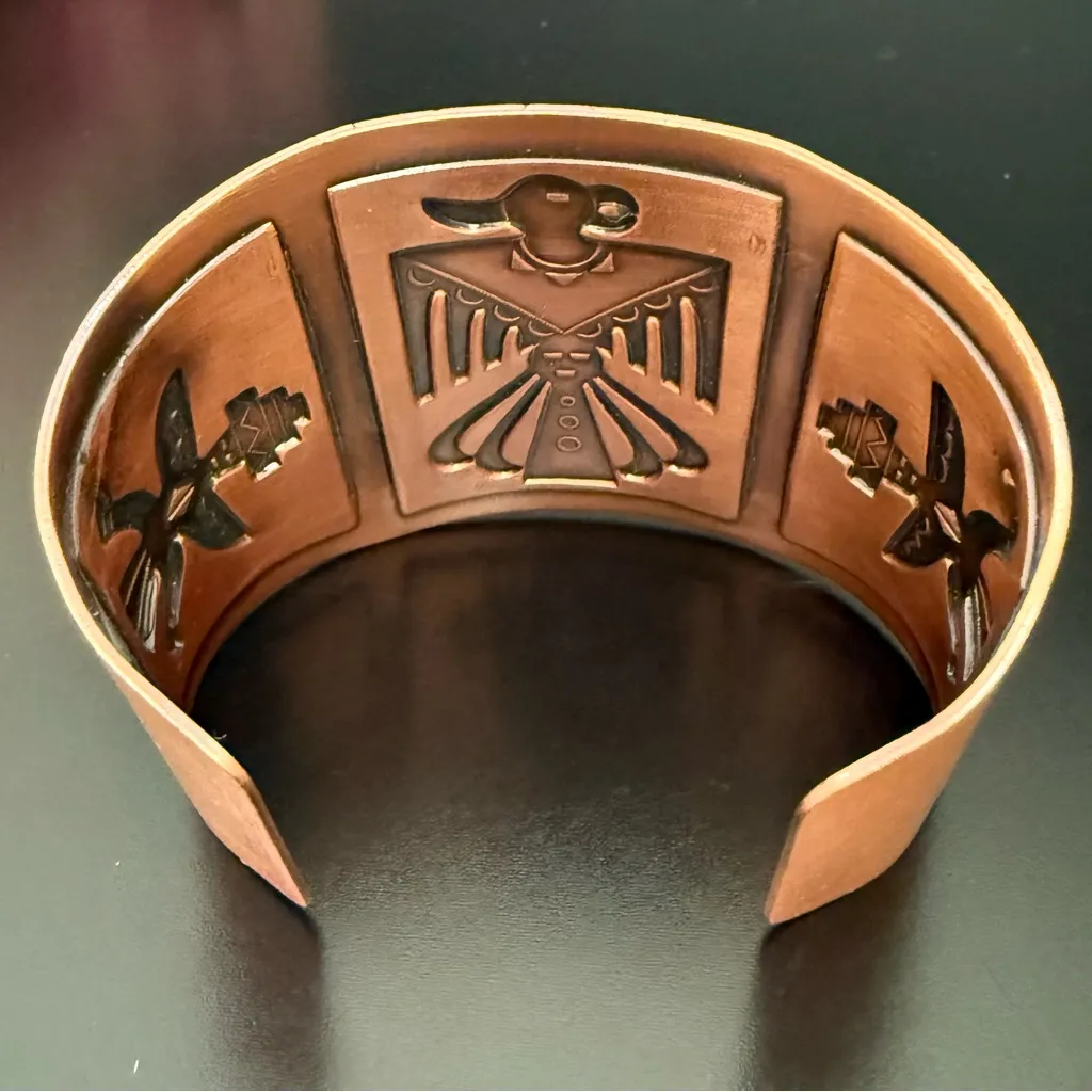 Vintage Bell Trading Post Solid Copper Thunderbird Tapered Cuff Bracelet 50.3g. Gold - Image 5