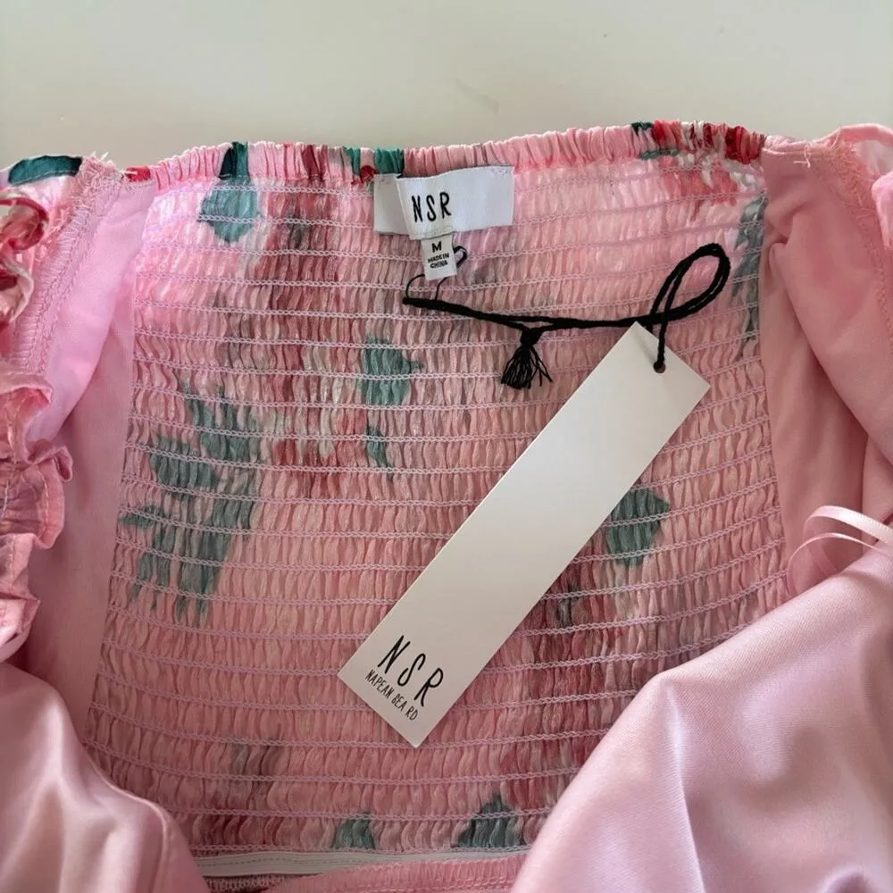 NSR Women’s Pink Tropical Floral Print Tie Front Mini Dress Size Medium NWT - Image 5