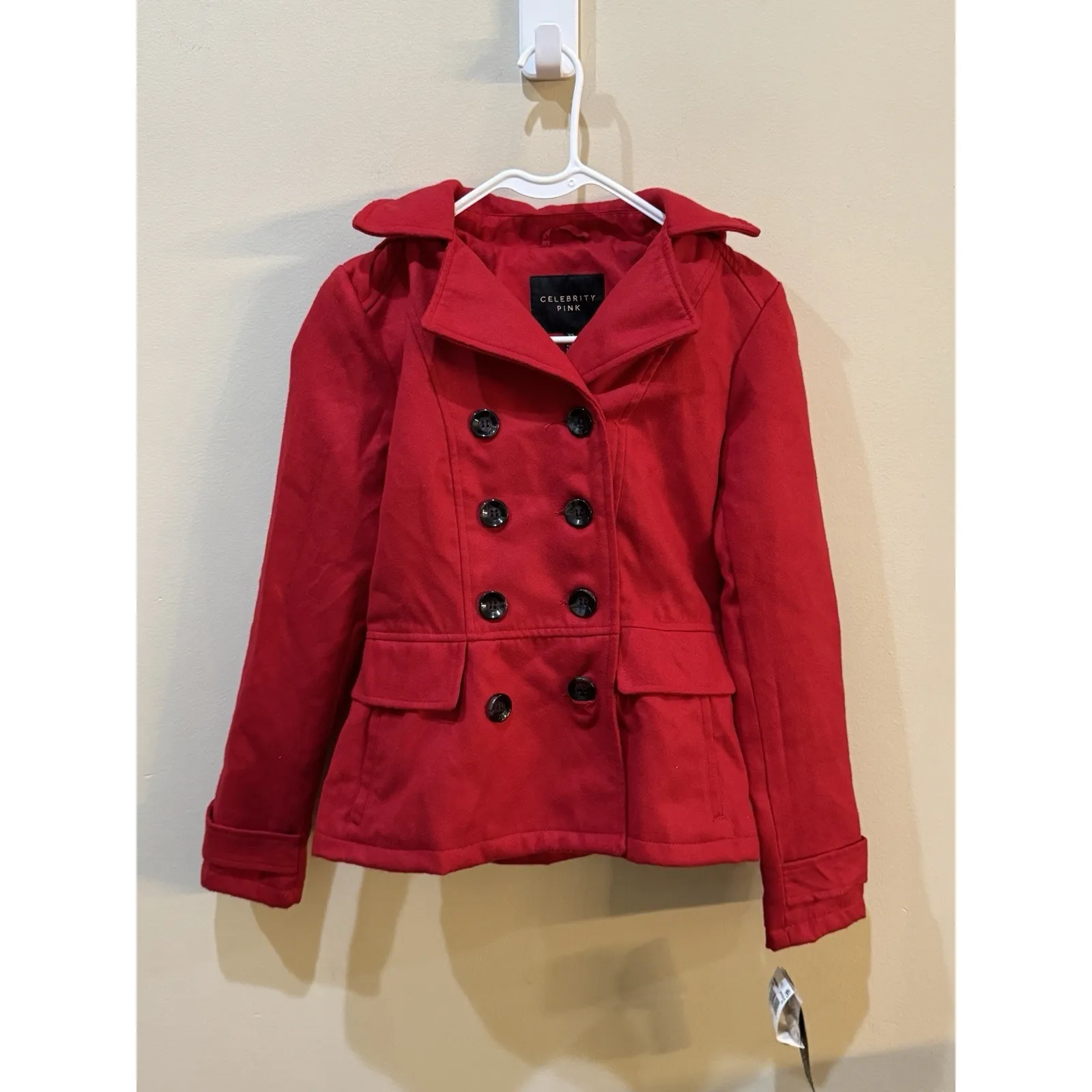 Celebrity Pink Women's‎ Red Double Breasted Hooded Peacoat Jacket Size XL XS - Image 3