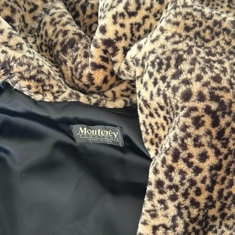 Vintage Monterey Fashions Faux Fur Coat Leopard Print Black Belted Women’s Large - Image 6