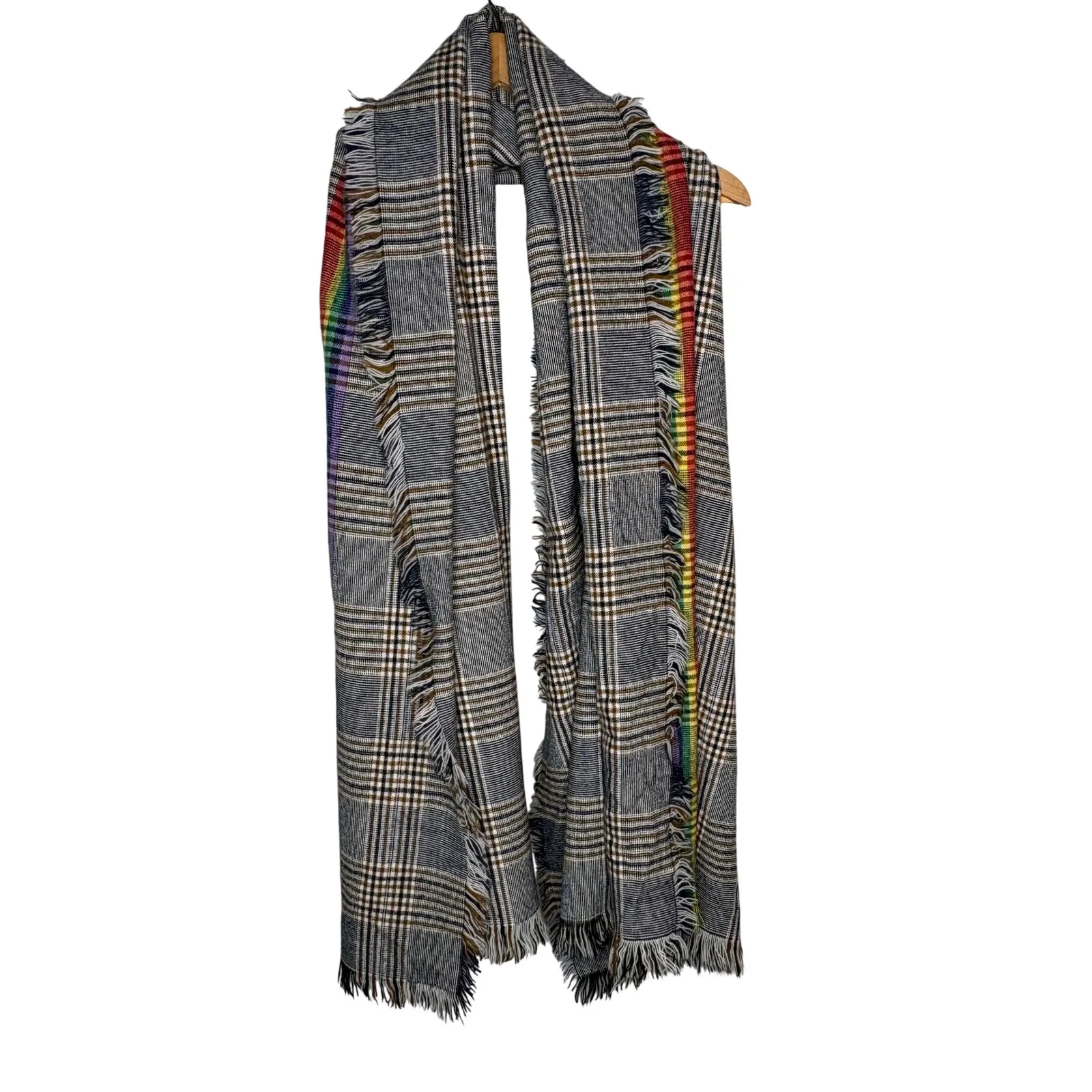 Glen Plaid Blanket Scarf Rainbow Stripe Fringe Accents Prince of Wales Preppy Gray - Image 3