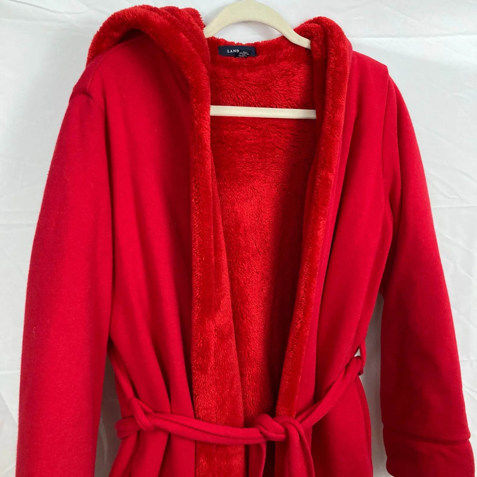 Lands End Womens XS FLAW Red Plush Fleece Lined Bath Robe Winter Cozy Spa Lounge - Image 3