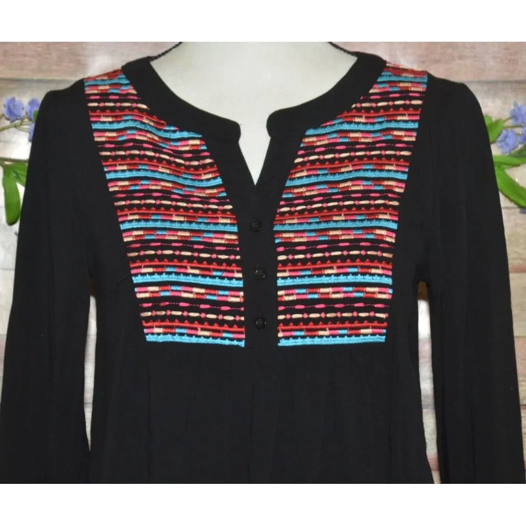 Andree By Unit Ladies S Black Colorful Embroidered V-Neck Blouse Top Bell Sleeve - Image 2