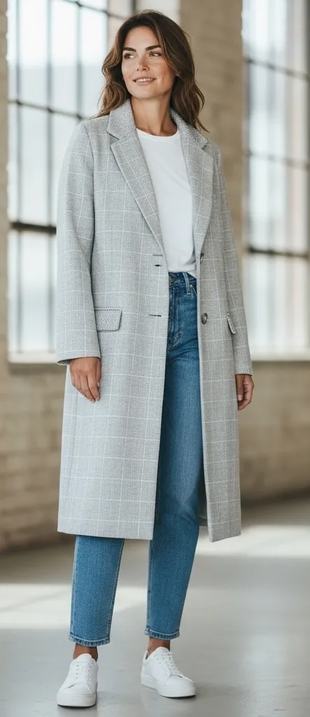 HELENE BERMAN ANTHROPOLOGIE Plaid Long Blazer Trench Coat Women's Size S Gray - Image 3