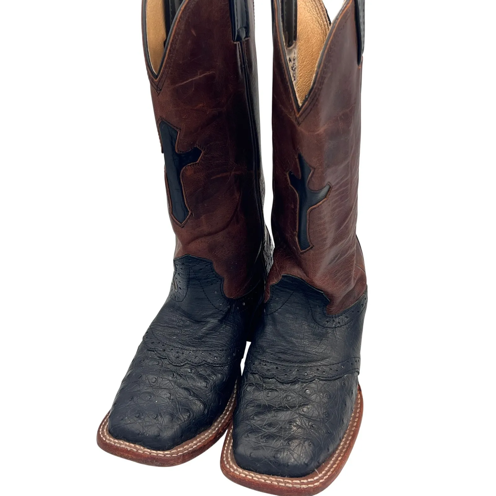 Vintage Larry Mahan Western Cowgirl Boots Ostrich Leather Cross Square Toe 7.5 B Black - Image 3