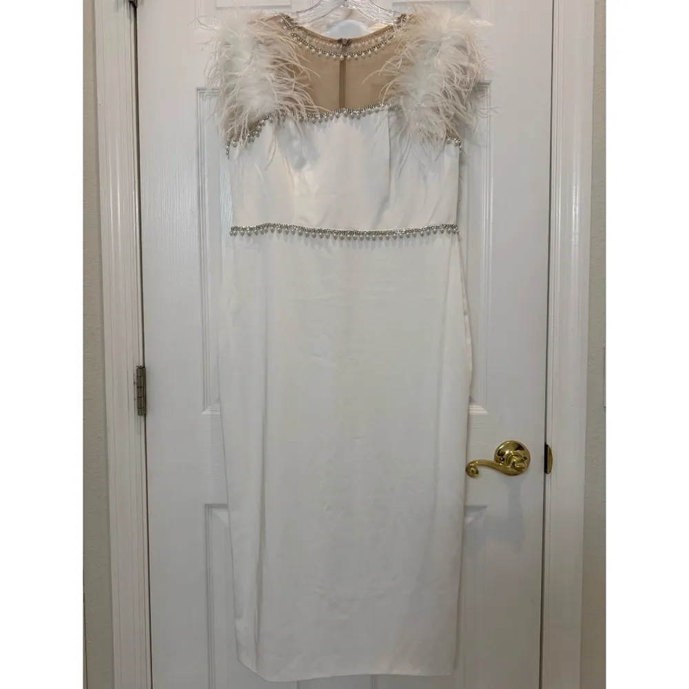 Mac Duggal 11438 Feather Cap Sleeve Pearl Embellished Tea-length Dress Sz 10 NWT - Image 4