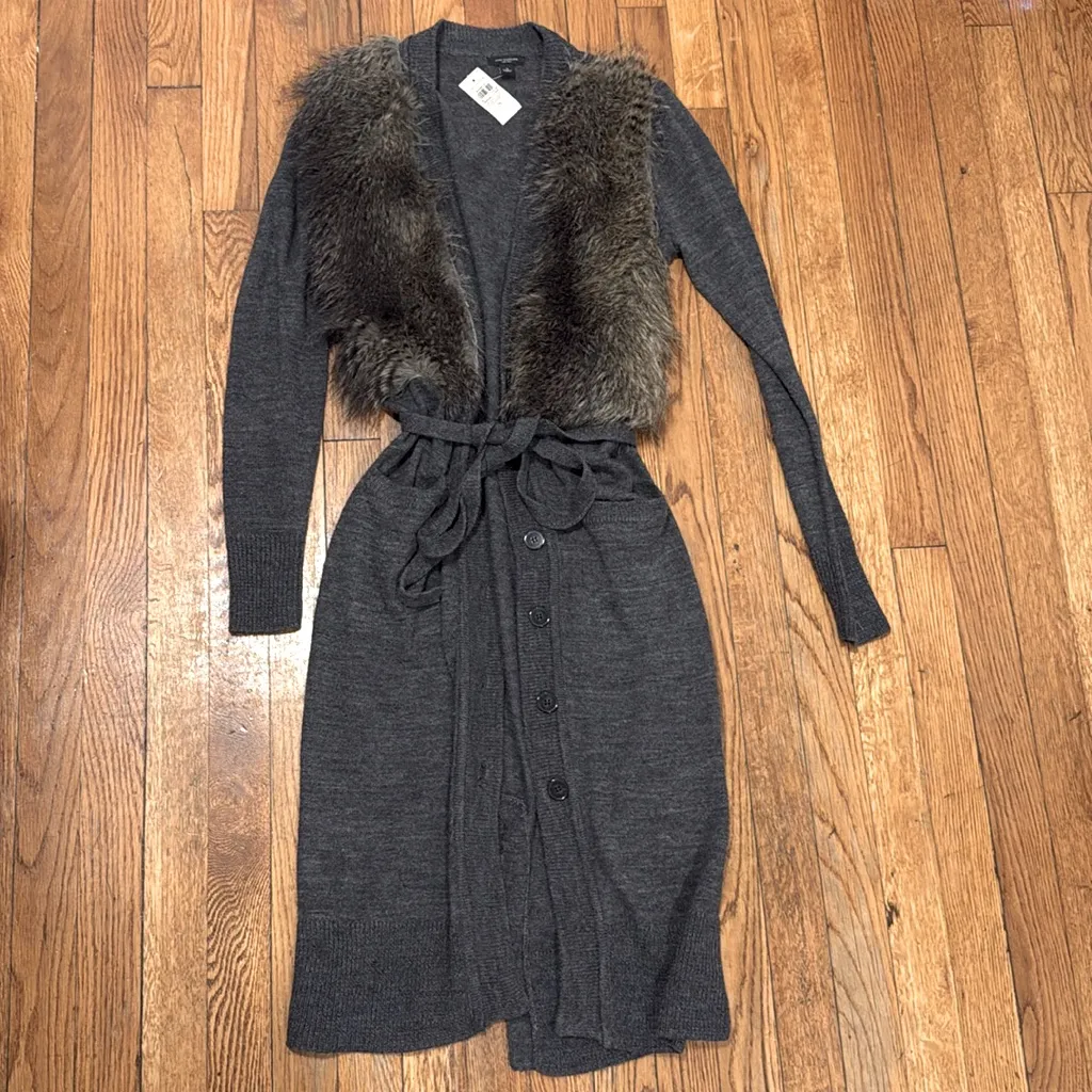 NWT Ann Taylor Faux Fur alpaca wool blend long button belted cardigan S - Image 2