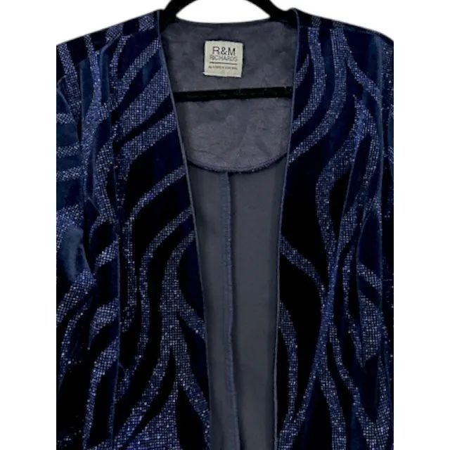 R&M Richards Navy Velvet‎ Glitter Swirl Open Front Jacket 12 Holiday Festive Blue - Image 10