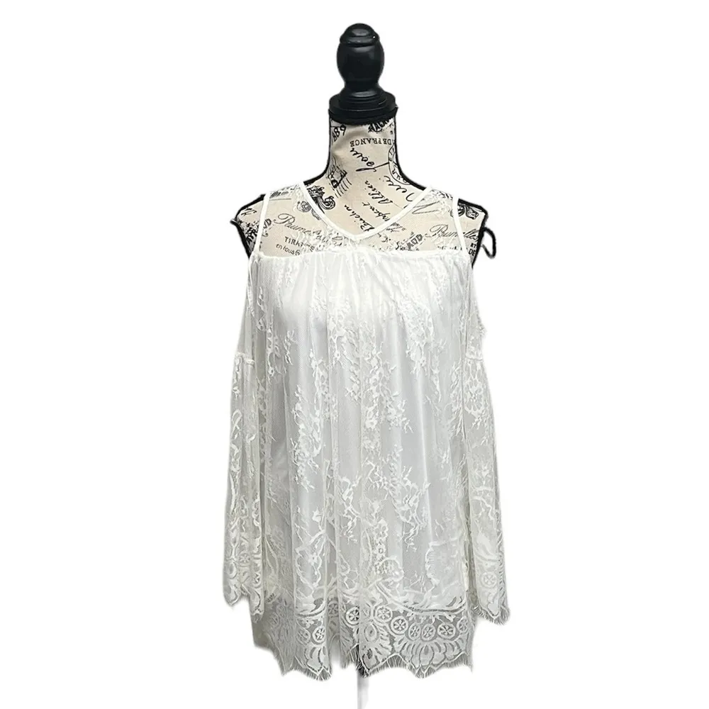 RAIN Ivory Lace Crochet Tunic Blouse Women’s L | Sheer Angelcore Boho Prairie White Size L - Image 2
