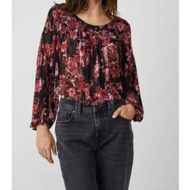 Free People Up For Anything Top Size M Floral Print Smocked Flowy Fit Boho Indie - Image 7