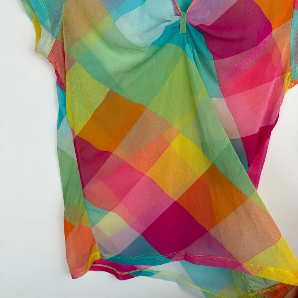 Y2K Rainbow Sheer Mesh Printed Top Sz XL Pink - Image 7