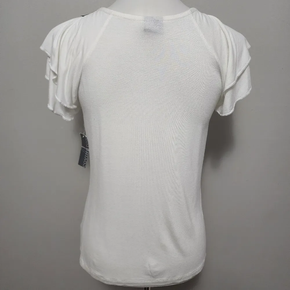 Covington antique white crochet trim flutter sleeve top size small - Image 4