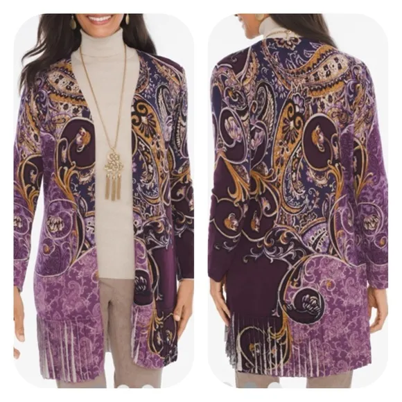 Chico’s Paisley Scroll Print Pleated Cardigan Sweater Purple Gold Size XL - Image 2