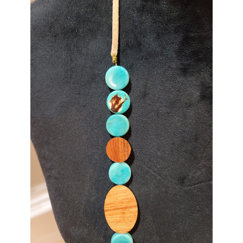 Women's Natural Wood And Turquoise Beaded Necklace With Adjustable Cord Tie Gold - Image 6