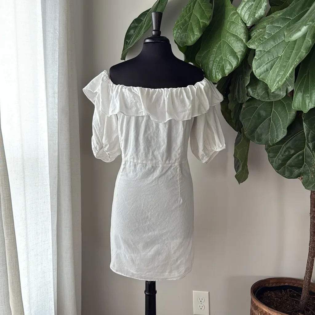 H&M White Flounce Sleeve Off-The-Shoulder Linen Mini Dress - Image 3