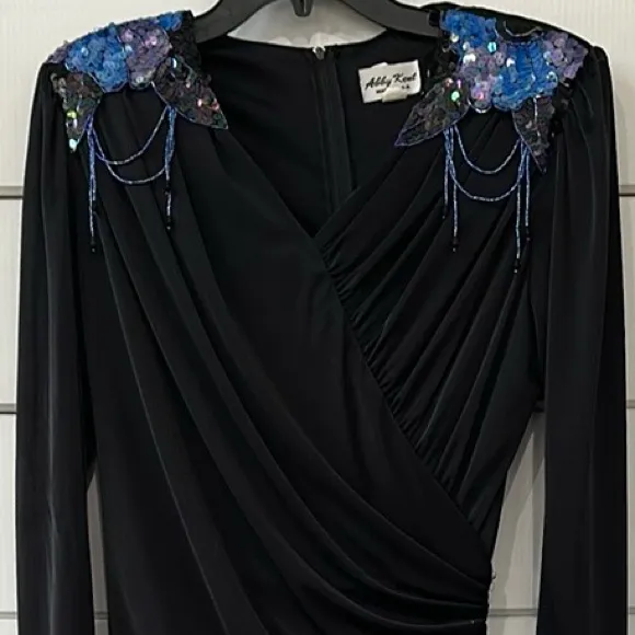 Vintage Abby Kent 80’s Beaded Sequin Shoukder Ruffle Hem Cocktail Dress Women 12 Black - Image 3