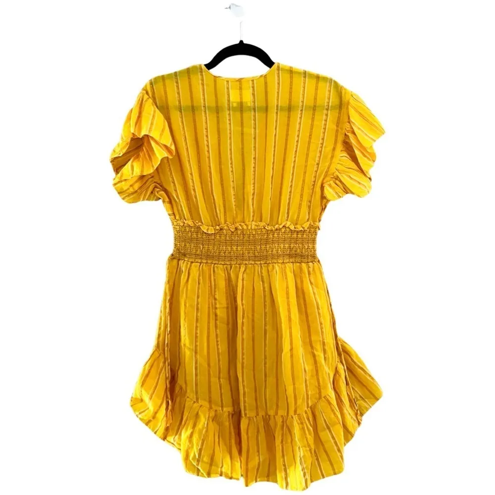 SAYLOR Adrianne Ruffled V-Neck Metallic Striped Gold Mini Dress Sz S - Image 3