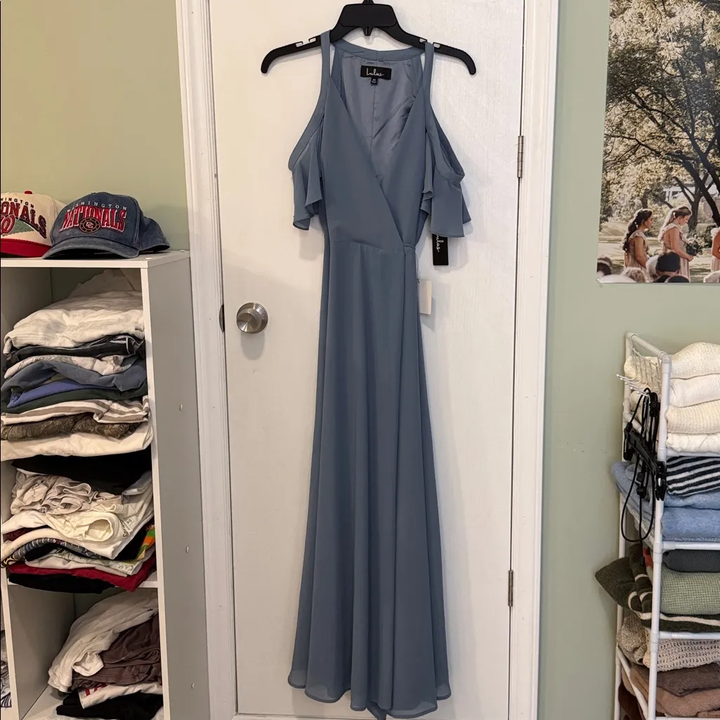 NWT Lulu's Easy Listening Slate Blue Cold-Shoulder Wrap Maxi Dress - Image 7
