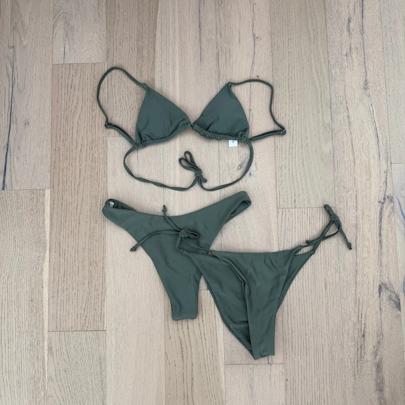 Women's Bikini 3 Pc Set Size S Olive Green Triangle Top Tie Side Y2K Minimalist - Image 2