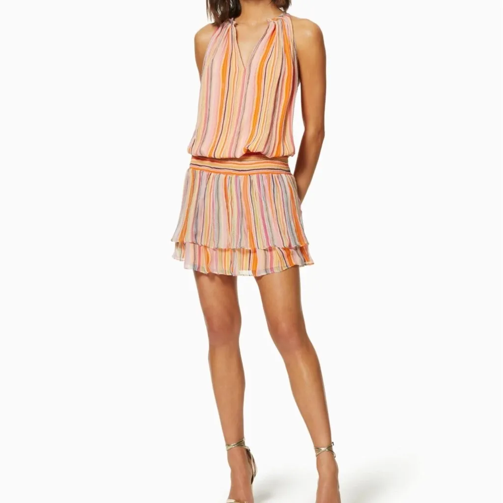 Ramy Brook Tobie Striped Smocked Waist Sleeveless Orange Silk Mini Dress - Image 3