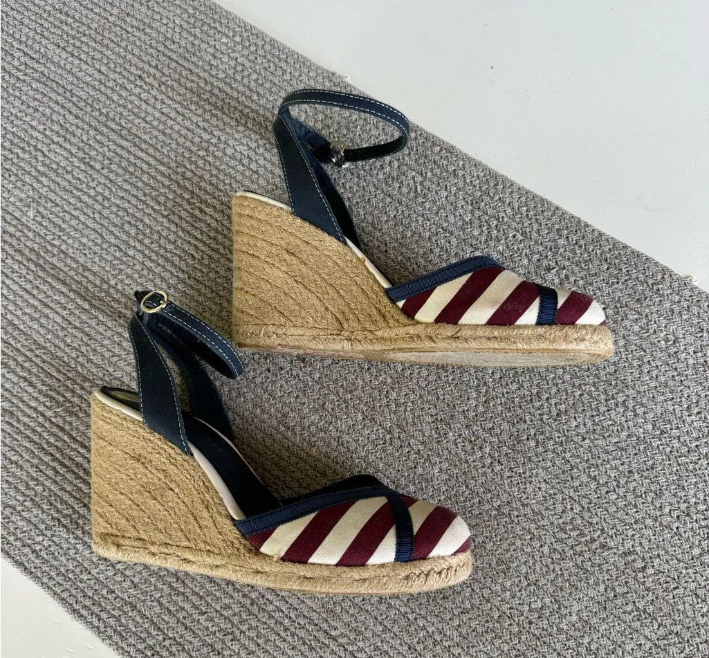 Tommy Hilfiger Red White Navy Blue Ankle Strap Espadrille Wedge Sandals 9 FLAW - Image 12