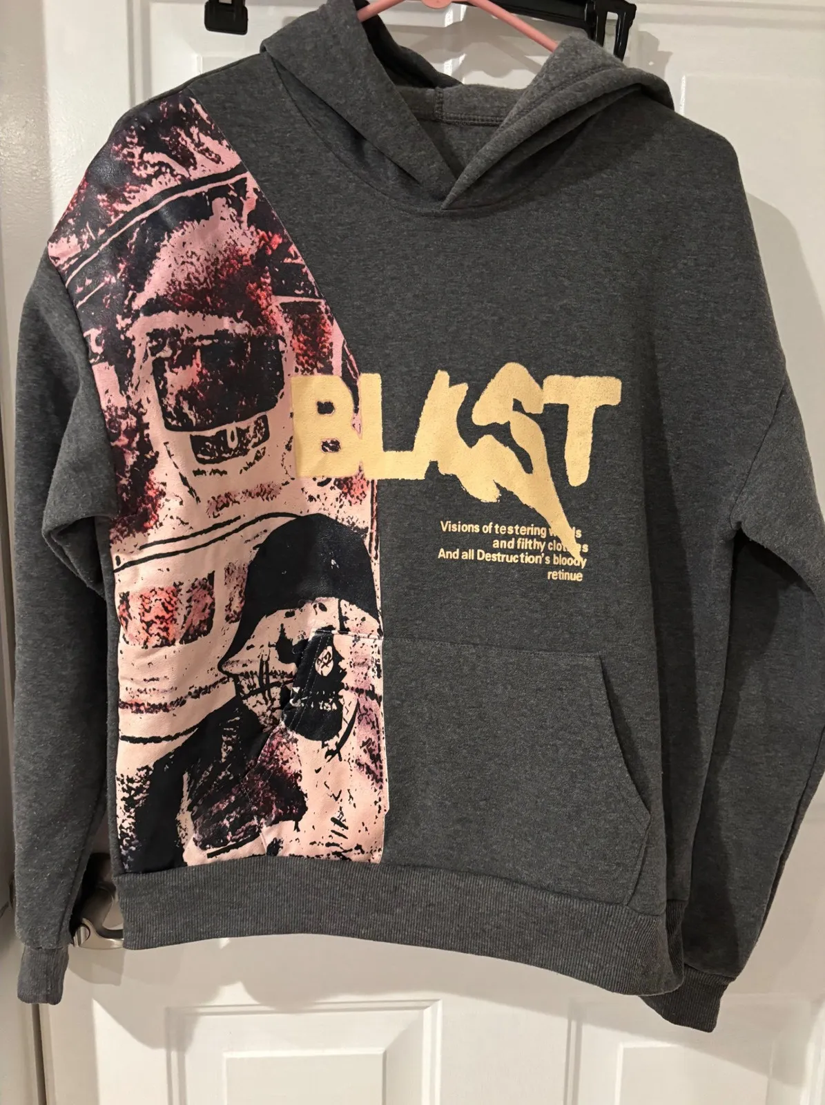 Blast Graphic Print Hoodie Streetwear Gray Pullover Sweatshirt Small - Image 1
