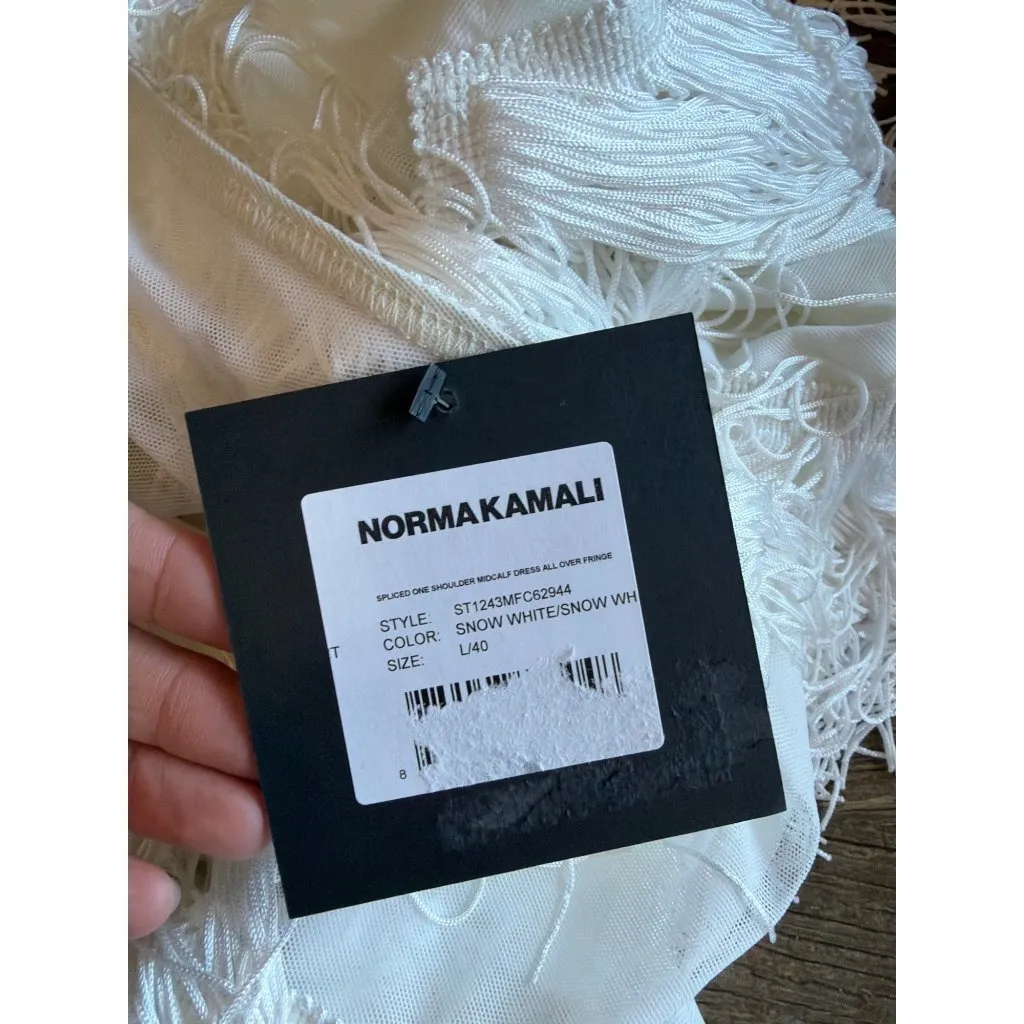 Norma Kamali Spliced One Shoulder Mid Calf Dress All Over Fringe Snow White Wome - Image 11