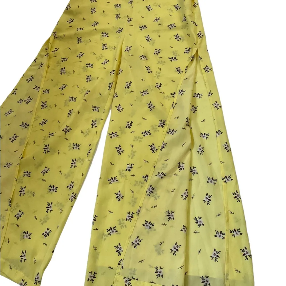 Love Fire Women’s Small Jumpsuit Yellow Floral Open Leg Slit Side Smocked - Image 14