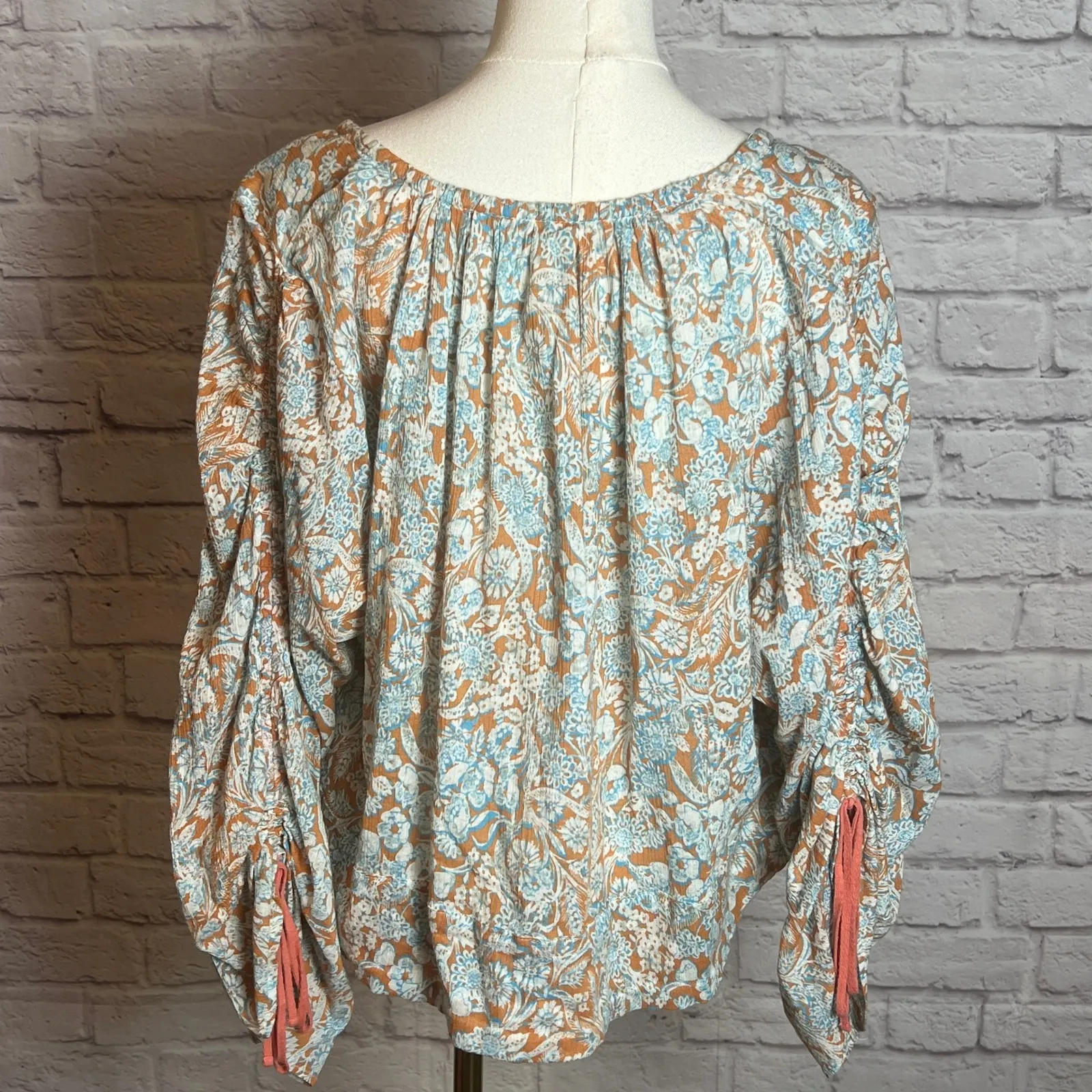 Anthropologie Floral Cotton Blouse Women's XS Tie Sleeve Cottagecore Bohocore - Image 4
