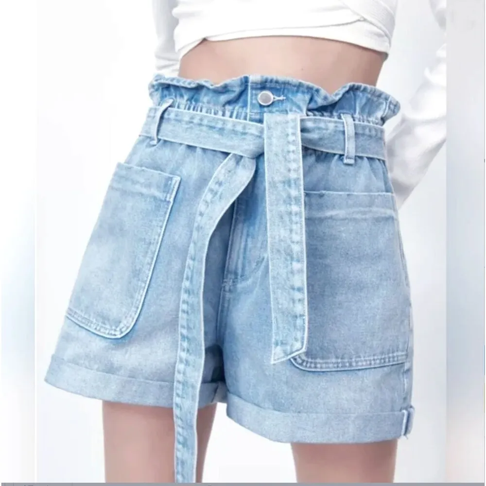 Zara Shorts Womens 6US Blue Relaxed Denim Paperbag Super High Waist Utility 4pkt - Image 13
