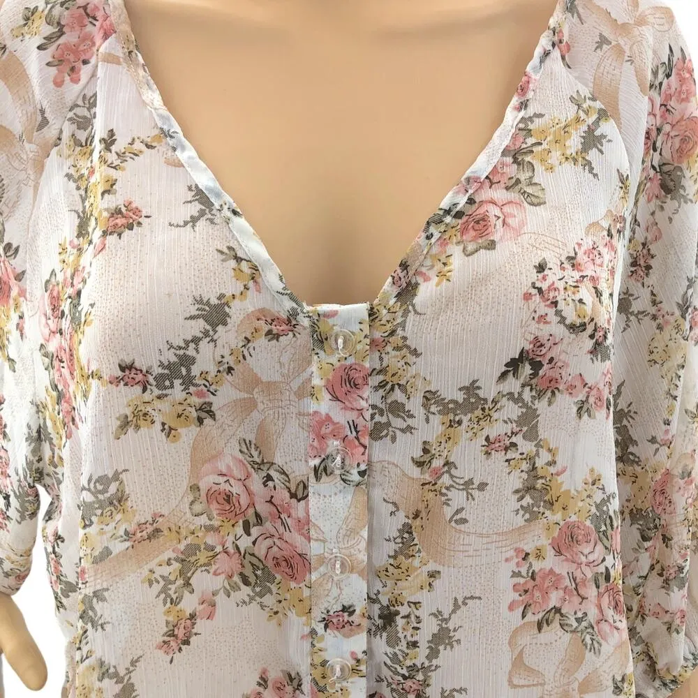 Poetry SMALL Cream Peach Floral Sheer Lace Back Peasant Boho Blouse Crop Top - Image 2