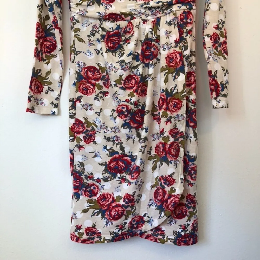 NEW NWT MEAVEOR Beige White Red Blue Floral Polka Dot Faux Wrap Dress Medium M - Image 3