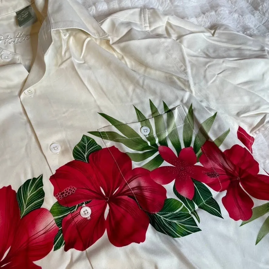 HALO‎ HATTIE White Button Up 100% Silk Hawaiian Shirt Medium M Red Hibiscus Tan - Image 2