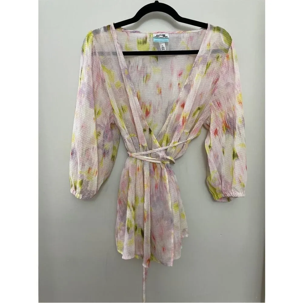 NWT Future Collective Modern Funky Feminine Sheer Airy Balloon Sleeve Wrap Top M Pink Size M - Image 3