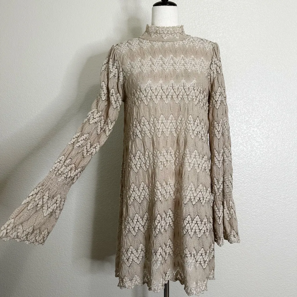Free People Simone Crochet Lace Neutral Combo Bell Sleeves Dress, Sz Small - Image 4