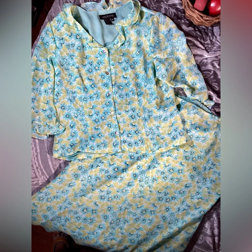 Vintage 2 Piece Lime/Teal Floral Cynthia Howie for Maggy Boutique Flutter 14 Green - Image 9