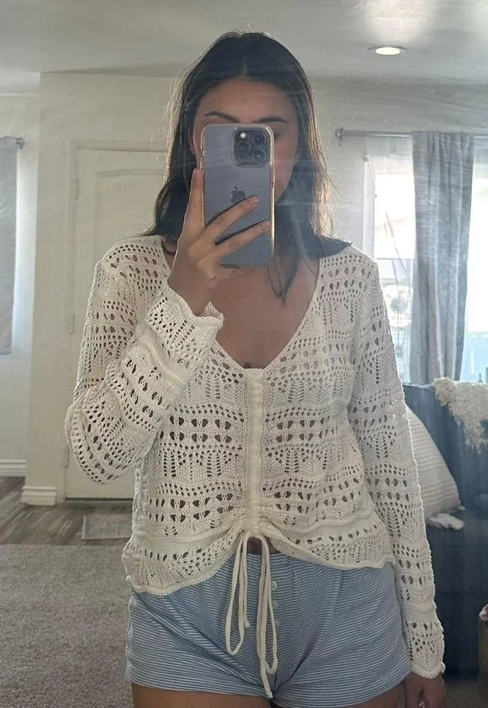 Crochet Ruched Sweater Top - Image 2