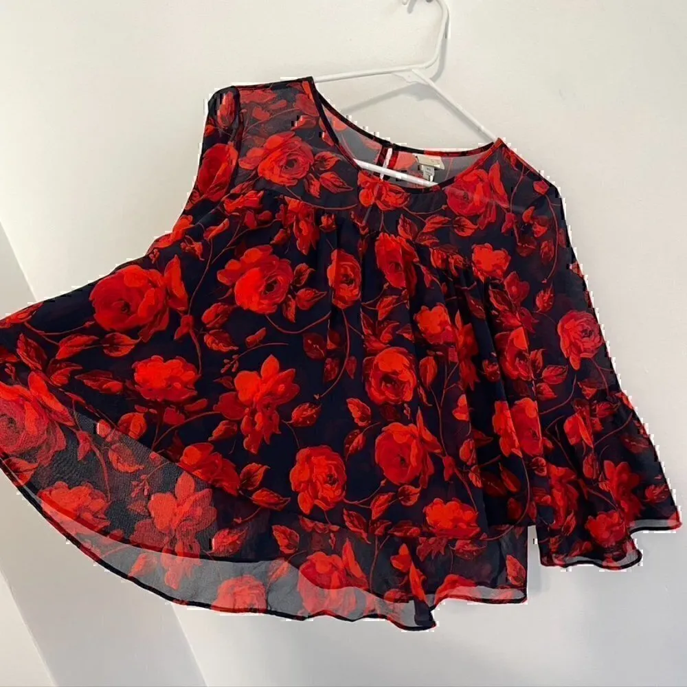 A NEW DAY Tiered Floral Blouse Navy Blue Red 3/4 Bell Sleeve Sheer / Lined Boho - Image 9