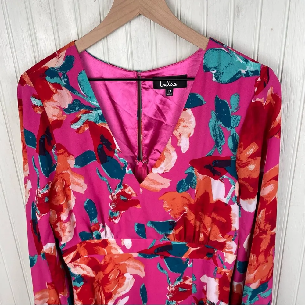 Lulus Carolita Magenta Floral Print Long Sleeve Maxi Dress Size Medium Side Slit Pink - Image 9